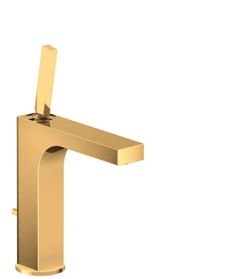 Einhebel-Waschtischmischer in elegantem Gold mit einem quadratischen Griff und integriertem Ablaufmechanismus, hergestellt von AXOR.